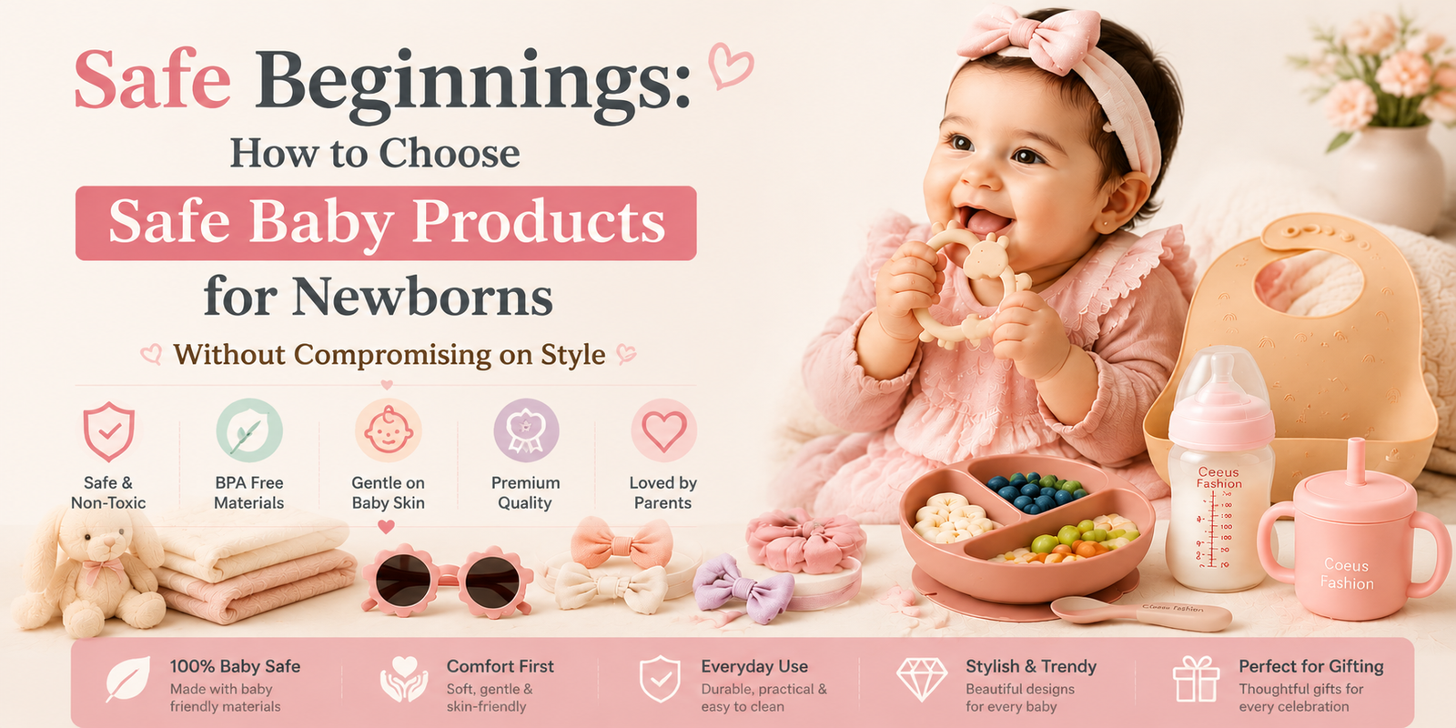 Safe baby products for newborns with premium feeding essentials, BPA free bottles, teething toys, baby accessories, and gift sets.