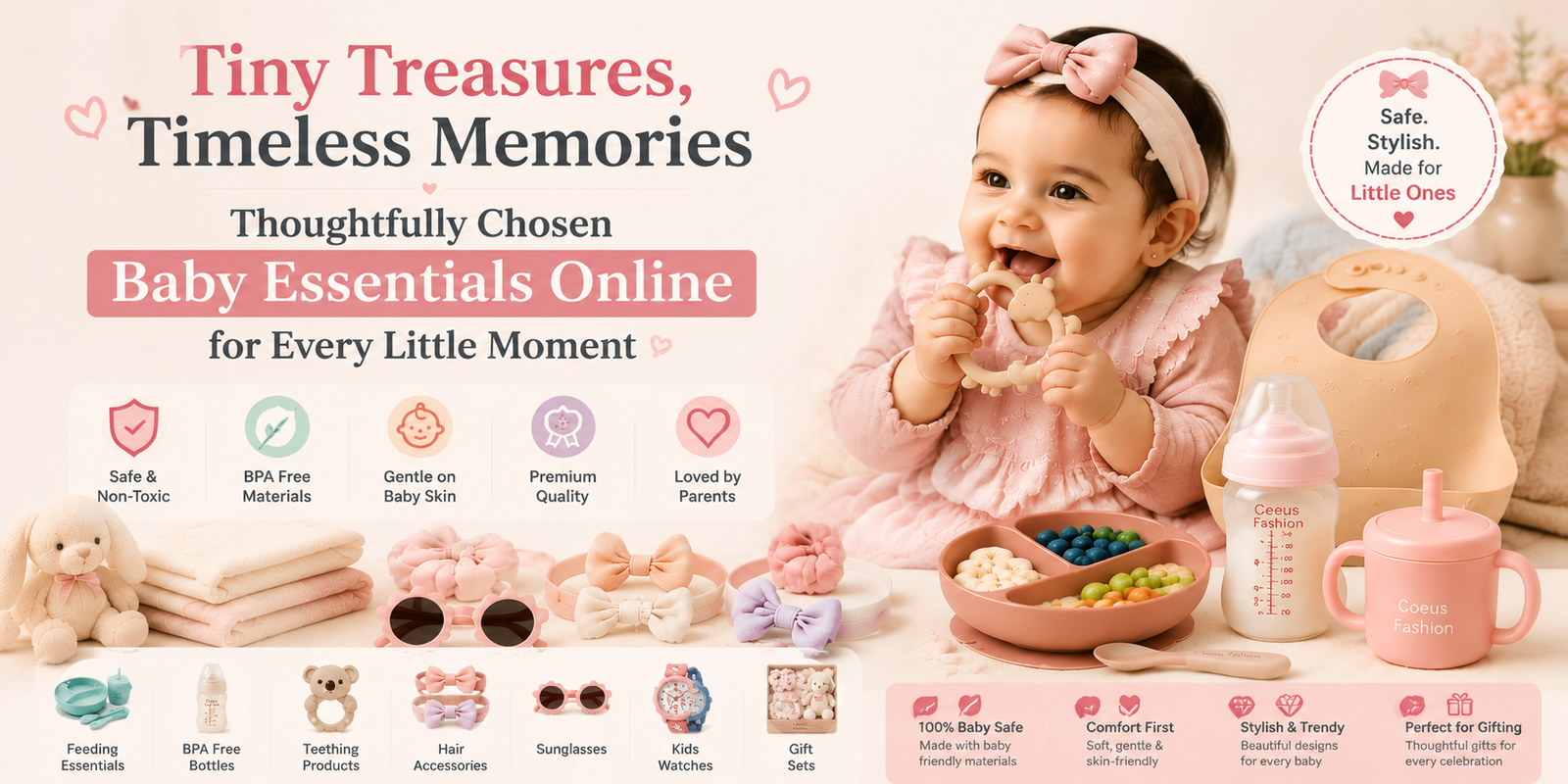Baby Essentials Online banner featuring premium baby feeding accessories, baby hair accessories, sunglasses, watches, and gift sets.