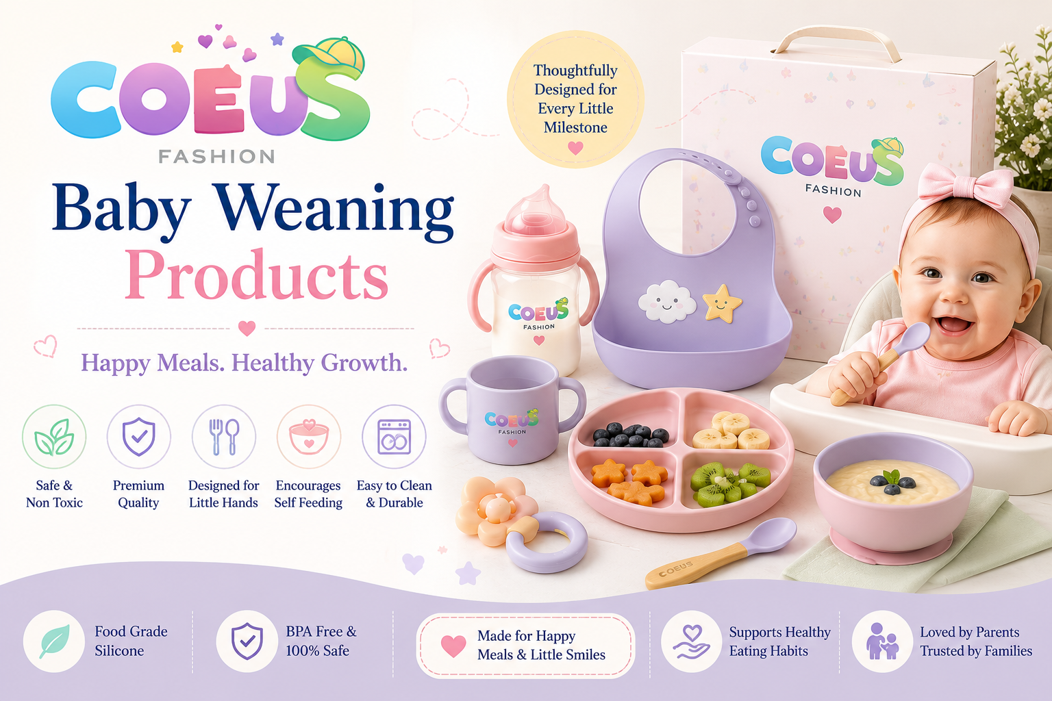 Baby Weaning Products with silicone feeding set and premium baby essentials