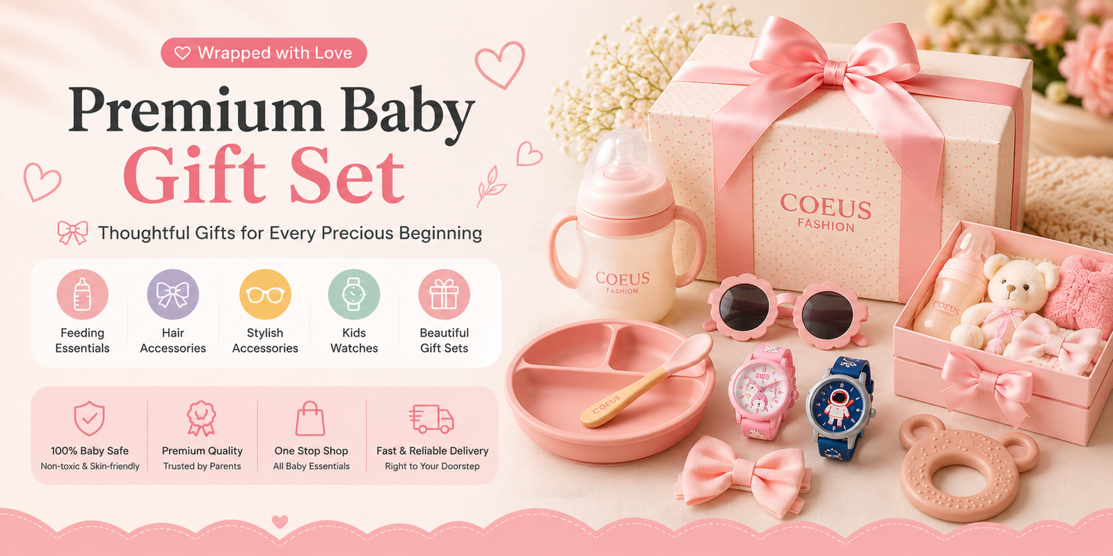 Premium Baby Gift Set featuring newborn essentials, feeding accessories, baby hair accessories, gift hamper, and premium baby products.