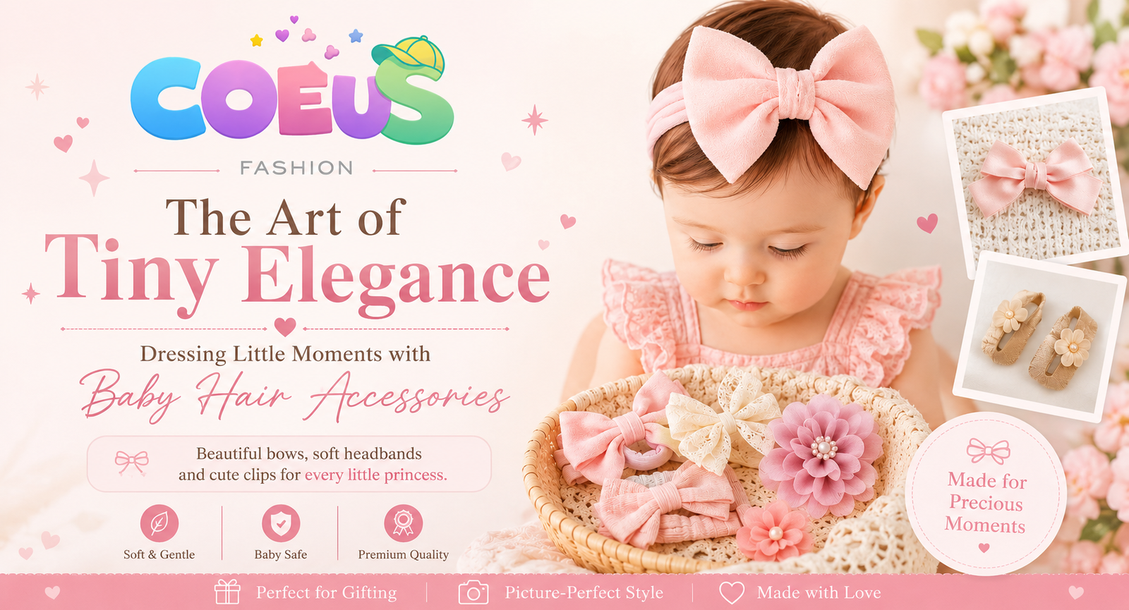 Baby Hair Accessories featuring soft baby hair bows, headbands, cute clips, and premium accessories for newborns and toddlers.
